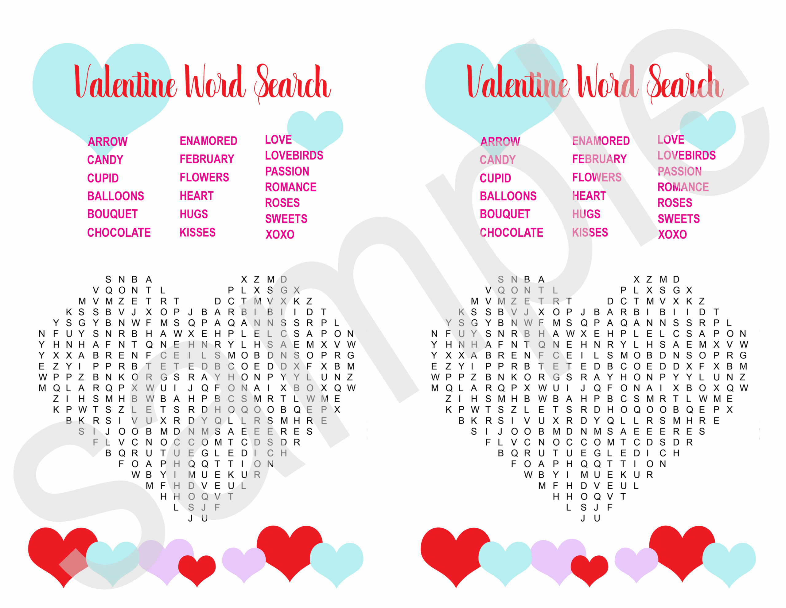 sample valentine word search printable with 2 on a page