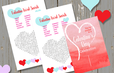 Valentine Word Search and Galentine's Day Invitation on a rustic wood background with hearts.