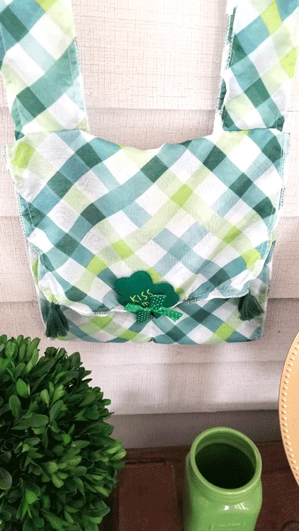Finished St. Pat's bag sewn with Dollar Tree scarves