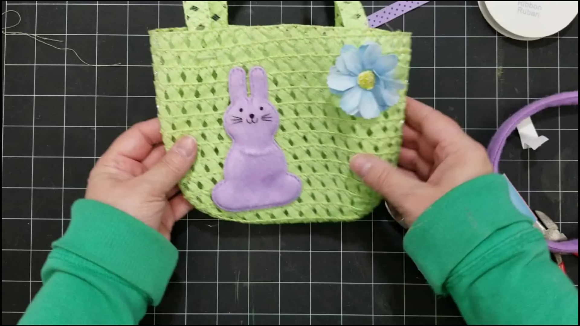Front of little Easter purse with the purple bunny glued to the front.