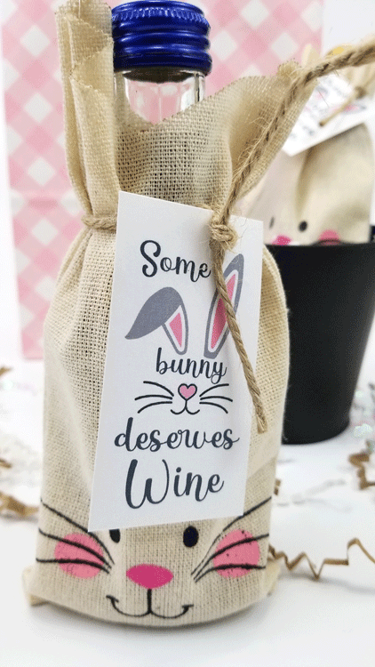 Finished wine bottle Easter Bag with printed tag.