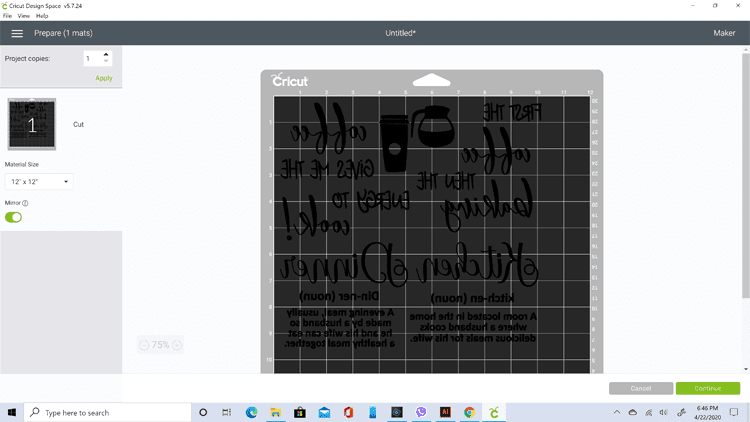 Screen shot of the mirrored text in Cricut Design Studio