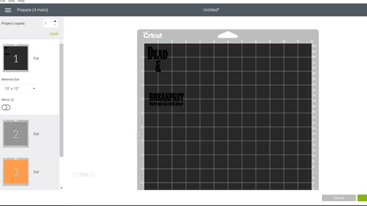 Screenshot of the dead and breakfast cut file in Cricut Design Space