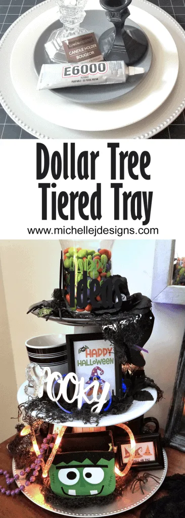 Pinterest Pin showing the supplies for the project and the finished decorated tiered tray