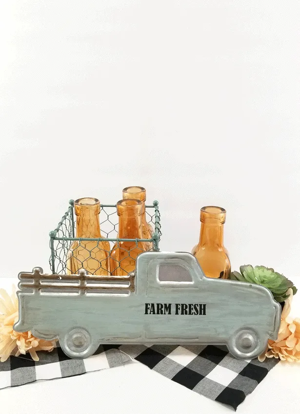 Finished view of the white wash metal farmhouse truck