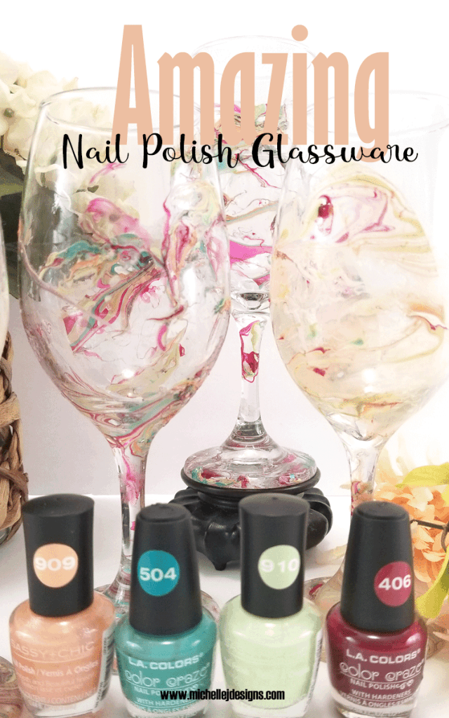Nail polish wine glasses all finished and pretty next to the nail polish colors.