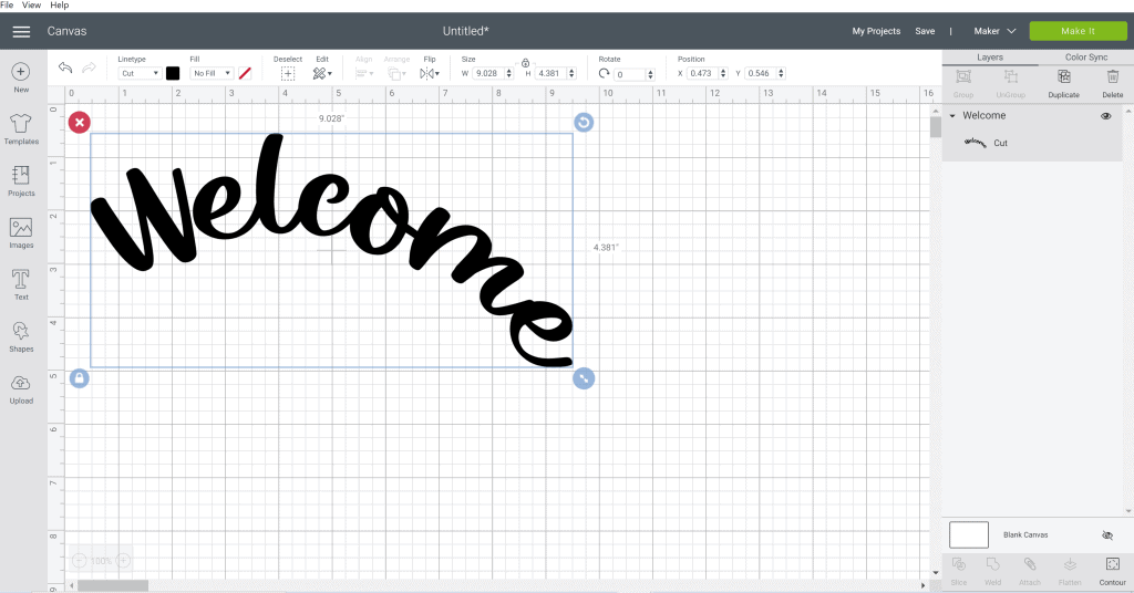 Screen shot of Cricut design space and the Welcome SVG file