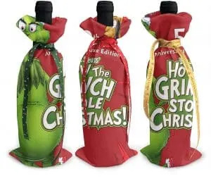 Set of 3 Grinch wine bottle covers.