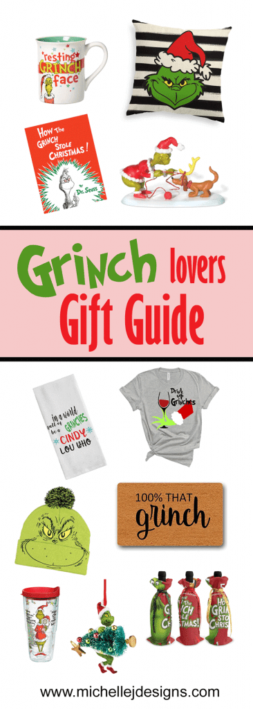 Pinterest image with a lot of Grinch gift items to share