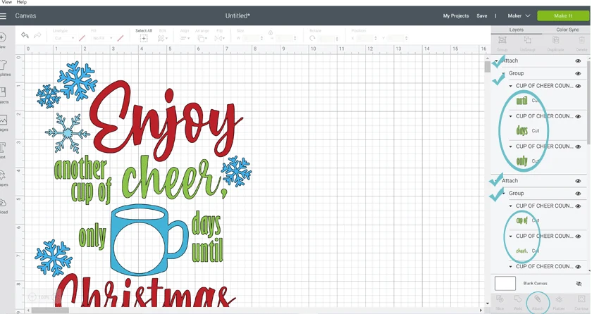 Screenshot of Cricut Design Space and the countdown to Christmas svg cut file.