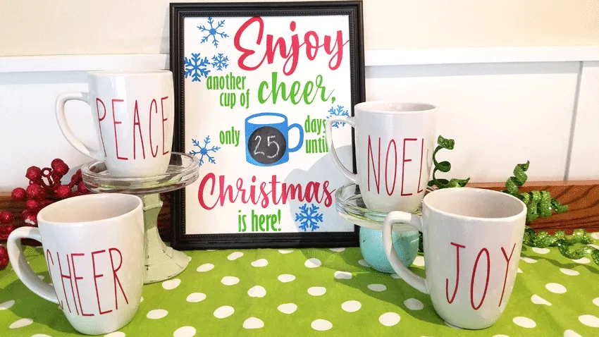 The finished sign and mugs for the hot cocoa bar.