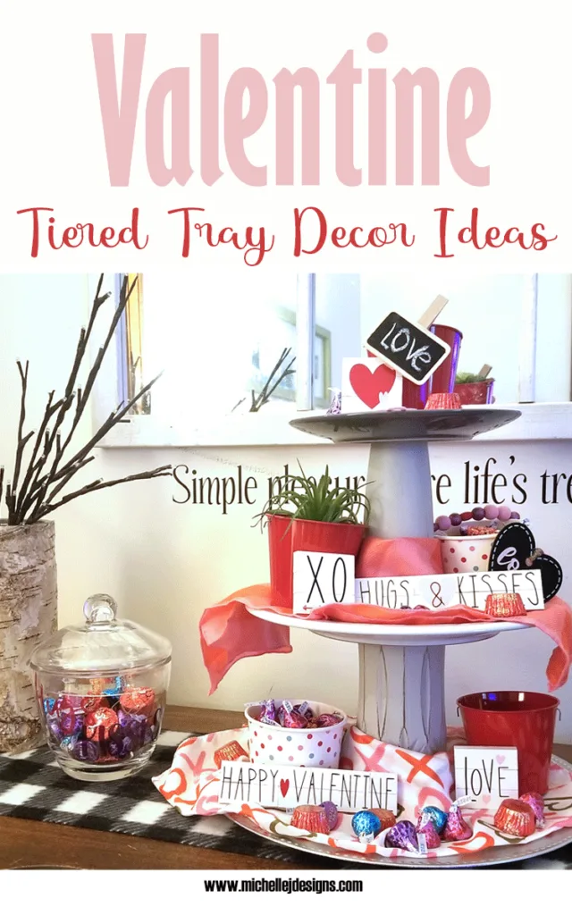 Finished Valentine tiered tray decor using Dollar Tree items