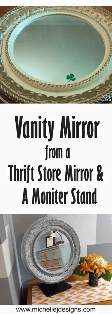 The before and after pictures of the vanity mirror made from a garage sale mirror and a computer stand.