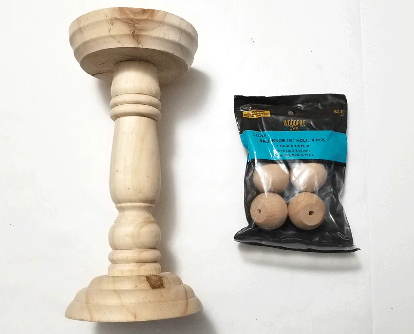 Wood candle holder and round knobs for feet that will be stained and used on the tiered tray