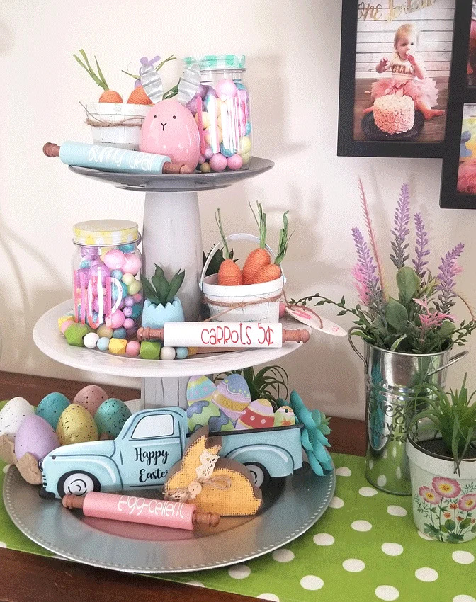 The finished Easter Tiered tray with the DIY mini wood rolling pins