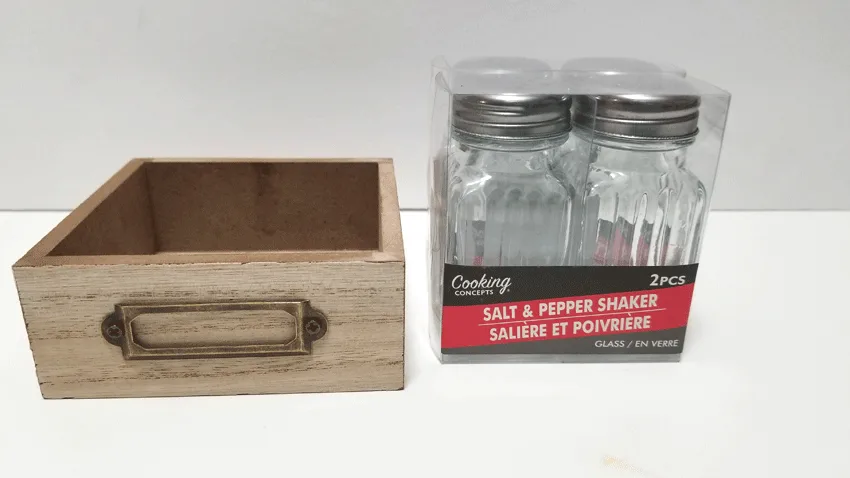 Mini wood box and 2 sets of glass salt and pepper shakers from Dollar Tree.