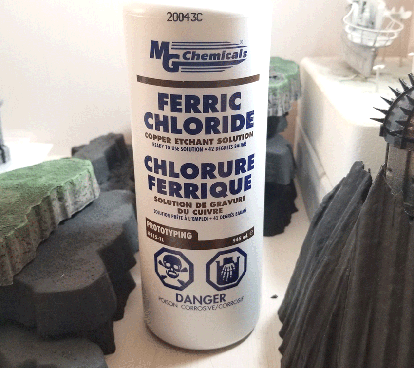 Bottle of Ferric Chloride for etching metal.