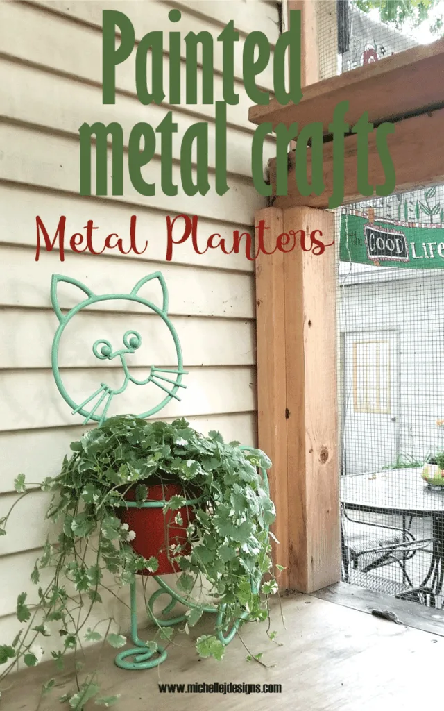 Finished paint for metal crafts - outdoor planter.  A cat planter painted with green and orange spray paint.
