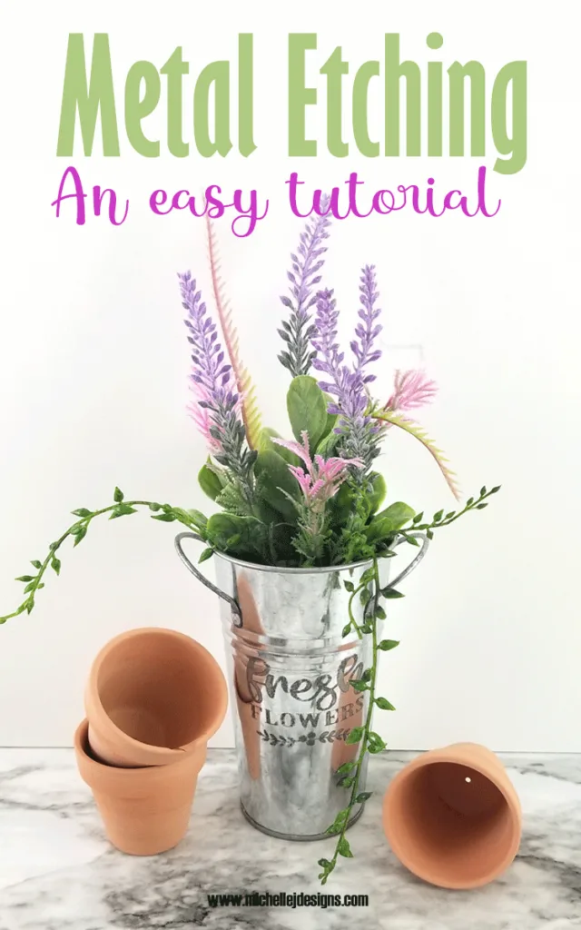 Finished metal flower bucket with etched design