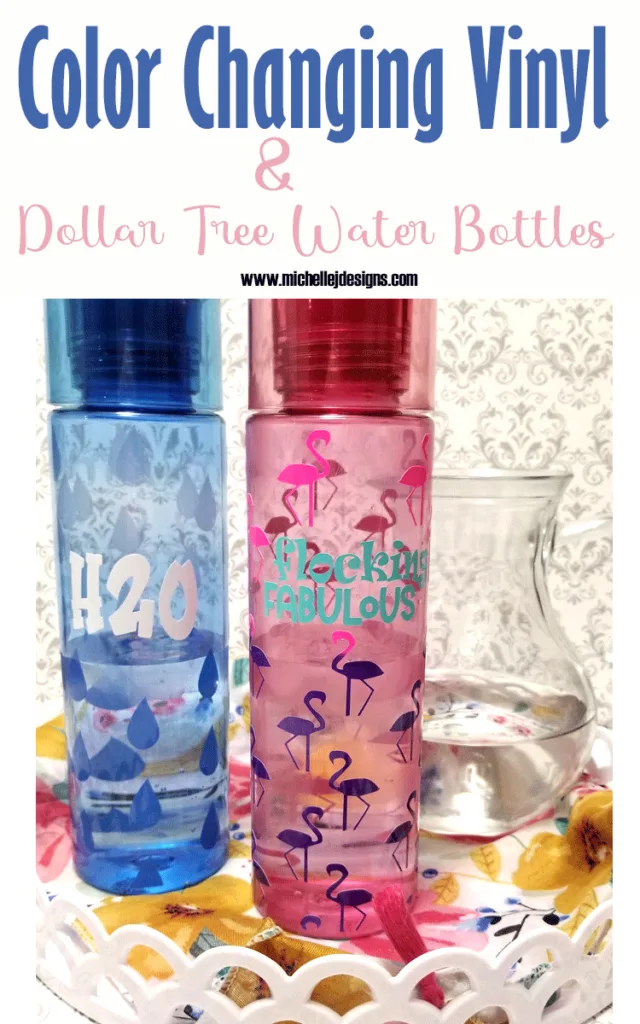 Finished water bottles with a color changing vinyl wrap design all the way around.