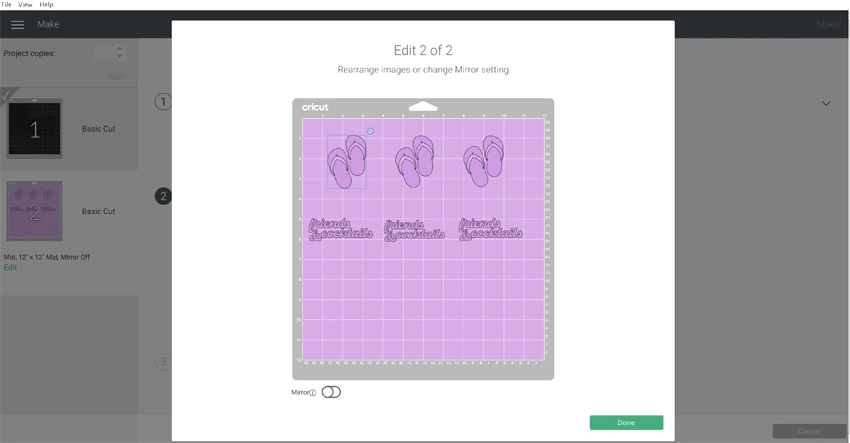 Screen shot of Cricut design space with the flip flops and the text design