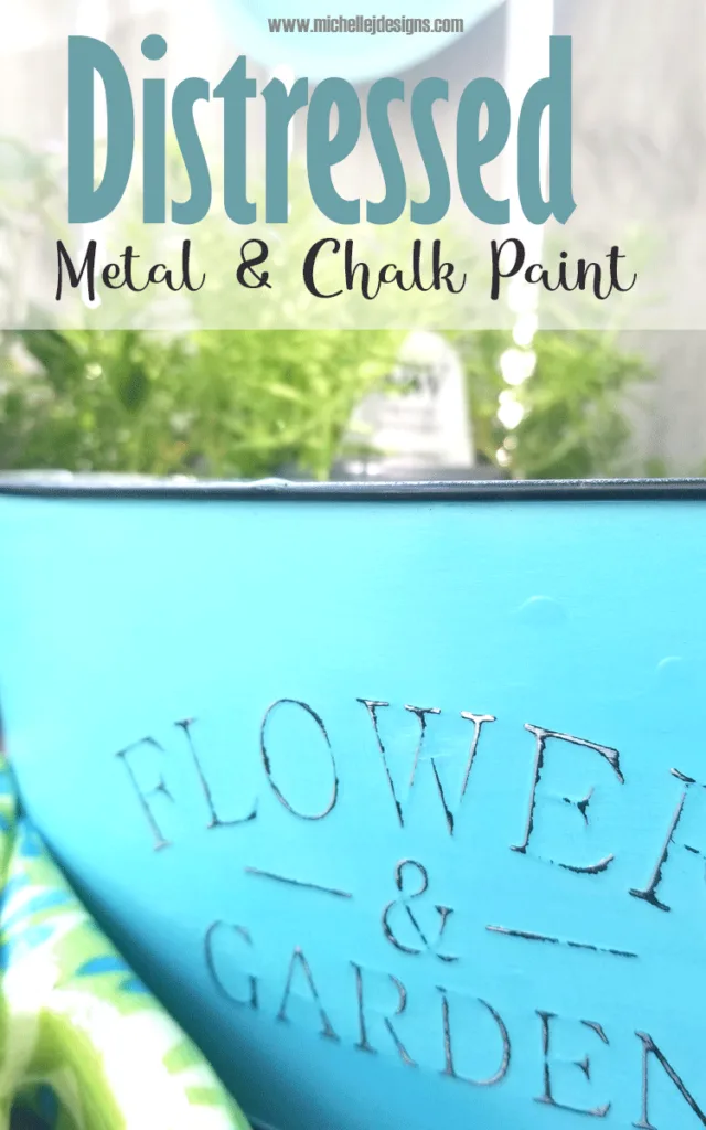 Close up of the distressed text on this distressed metal flower container from Dollar Tree