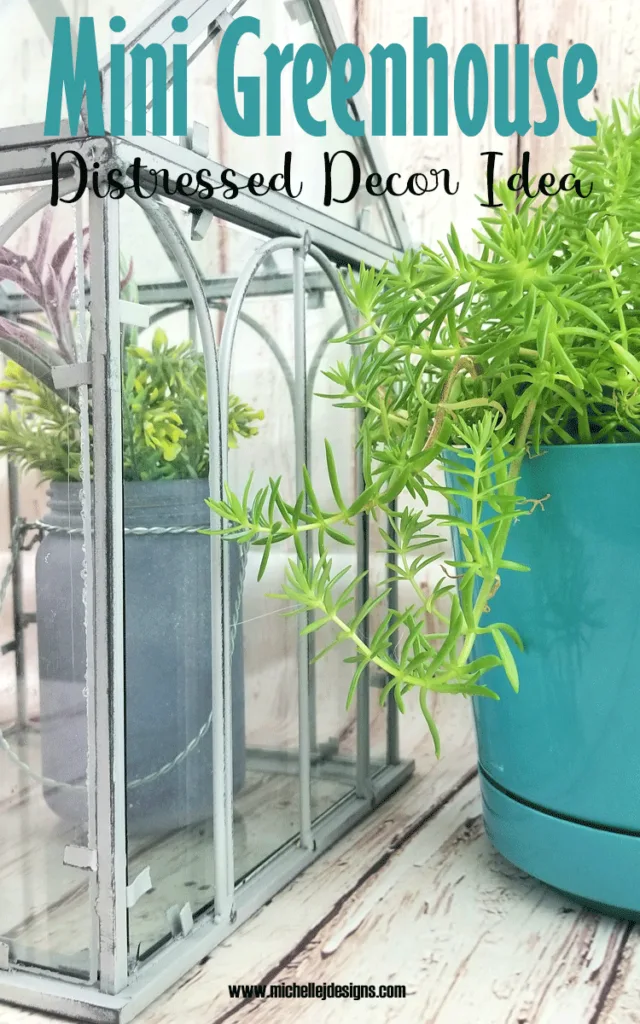 Finished mini greenhouse painted with chalk paint and distressed with sanding block