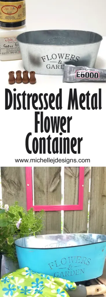 Supplies for the project and the finished distressed metal with chalk paint flower container