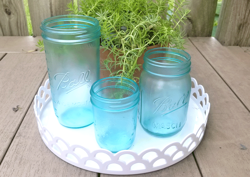 Finished tinted mason jars with stained glass spray paint.