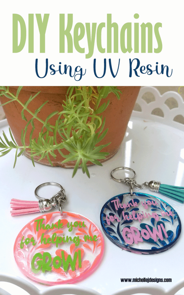 Finished DIY keychains using UV Resin and vinyl
