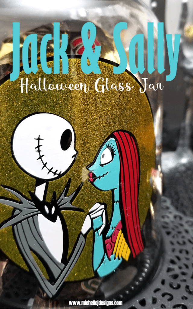 Finished Halloween glass jar.  Jack and Sally layered vinyl design.