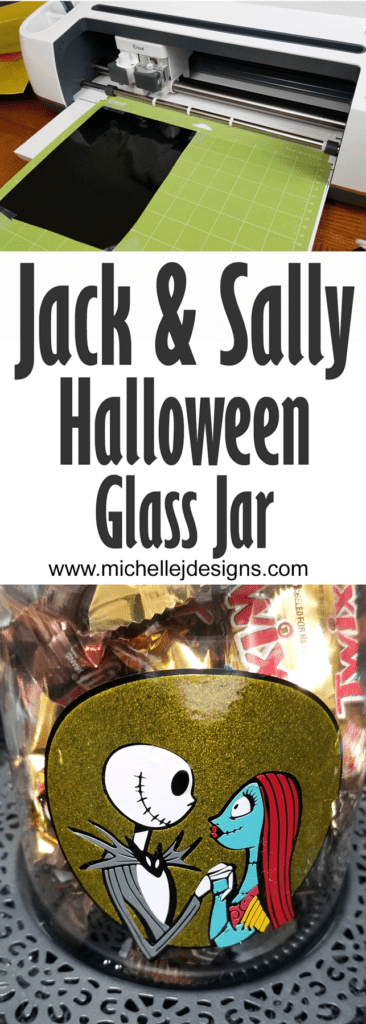 Finished Halloween glass jar. Jack and Sally layered vinyl design.