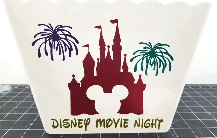 Disney movie night popcorn bucket using Luster vinyl