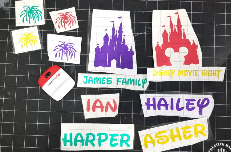 Cut Disney designs and names using Styletechvinyl. Weeded with transfer paper