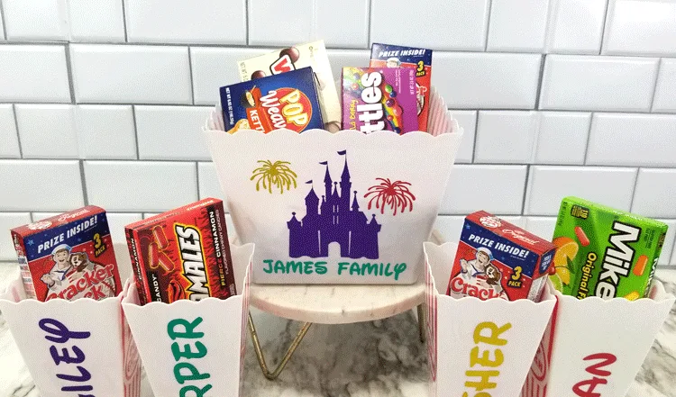 Finished Disney popcorn git idea James Family with purple castle and fireworks