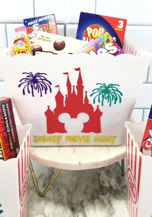 Finished Disney movie night popcorn bucket using Luster vinyl