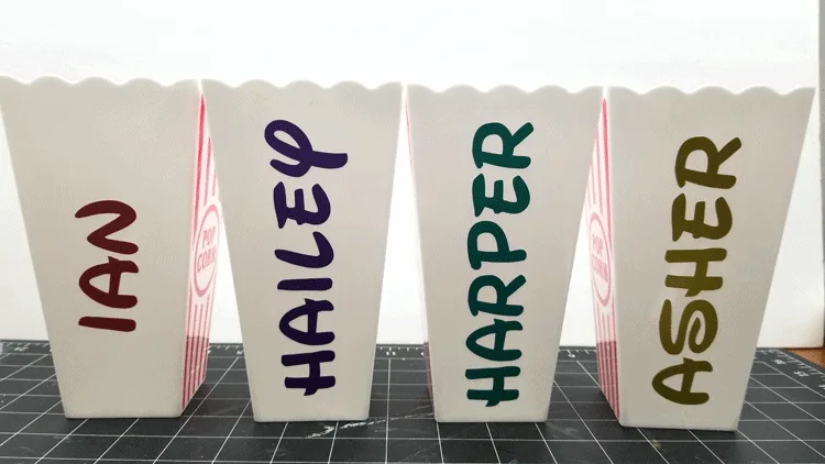 Two individual popcorn buckets with names in vinyl