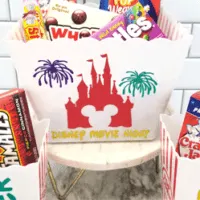 Finished Disney movie night popcorn bucket using Luster vinyl