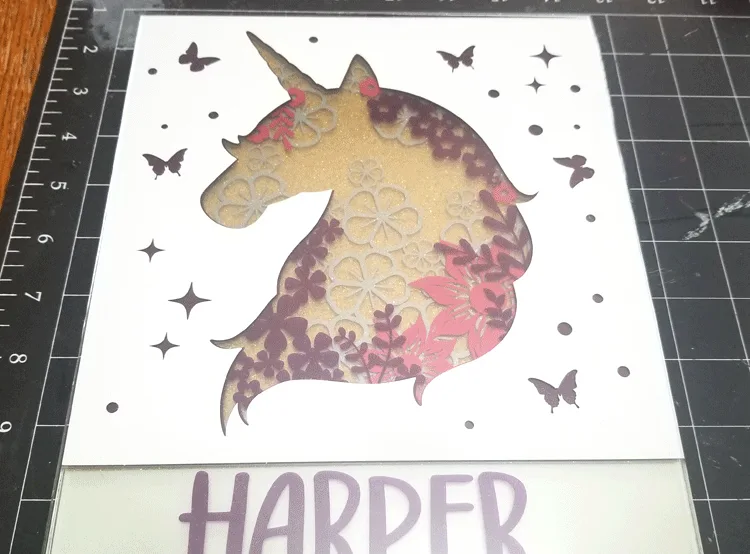 Finished 3D layered vinyl unicorn art project.