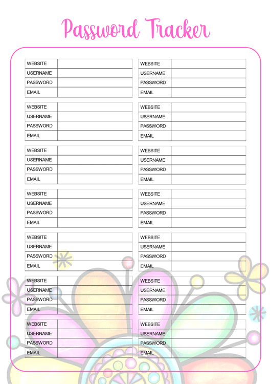 Password Tracker page from the home planner