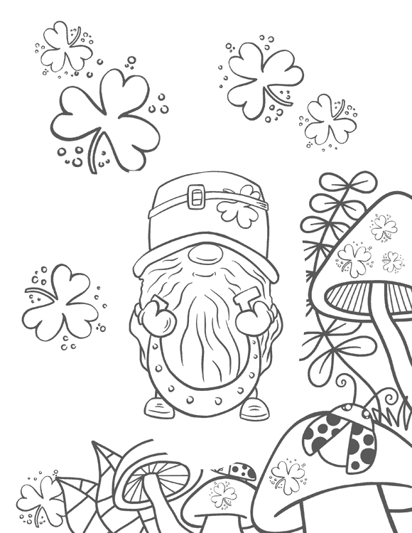 Shamrocks and Gnome coloring page