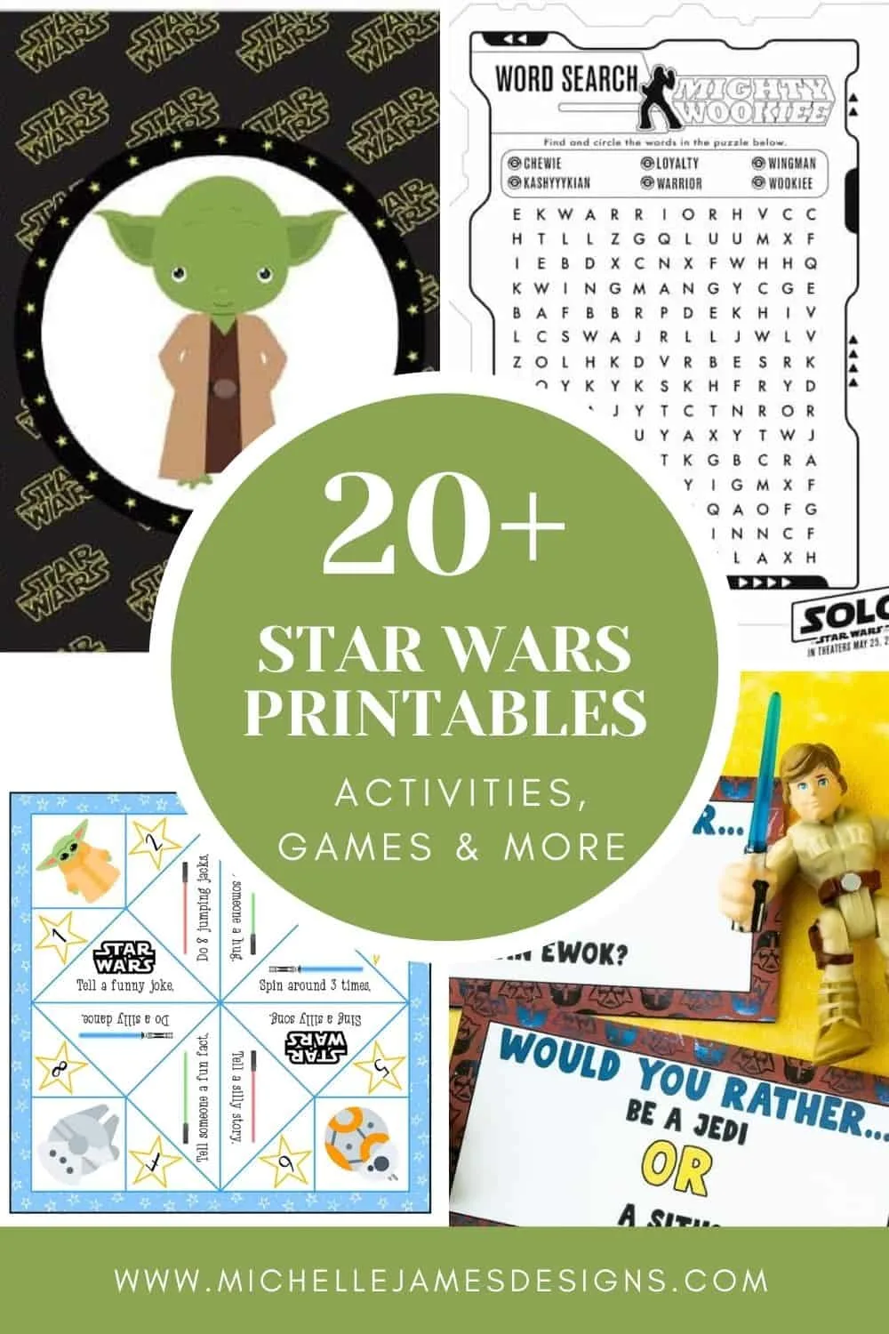 collage of 4 star wars printables pin with text overlay