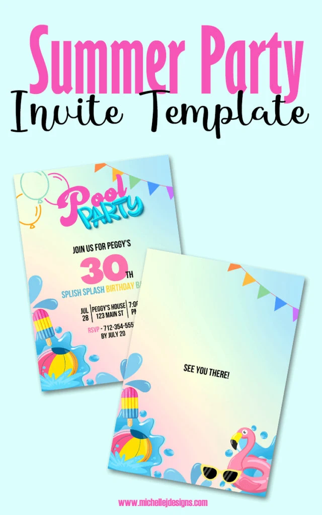 Finished mock up of the summer pool party invitation template