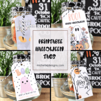 Four finished tags on cute Halloween Jars for gifts