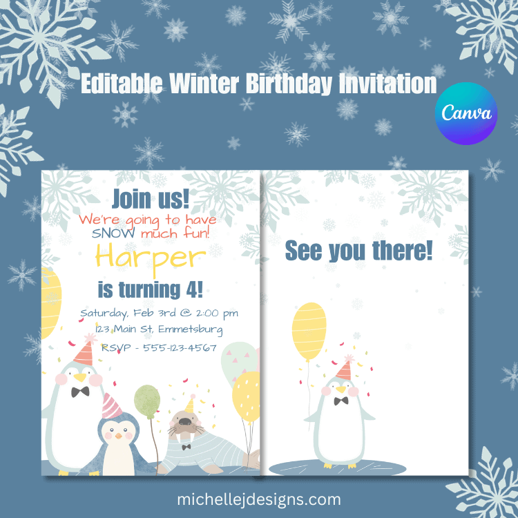Editable Winter Birthday Invitation - Michelle James Designs