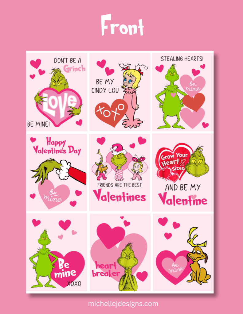 Front and back pics of the Grinch Valentine Printables!