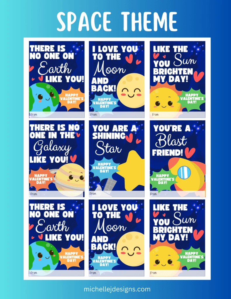 Picture of the sheet of adorable space themed valentines for kids.