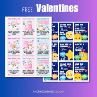 Picture of the sheet of adorable space themed and unicorn valentines for kids.