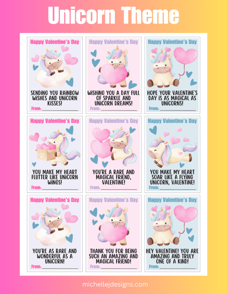 Picture of the sheet of adorable unicorn valentines for kids.
