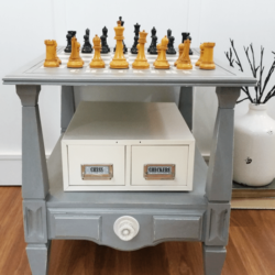 I used a HomeRight paint sprayer, some spray paint and some masking materials to paint a chess and checkers board. This was a fun DIY game table that anyone can create